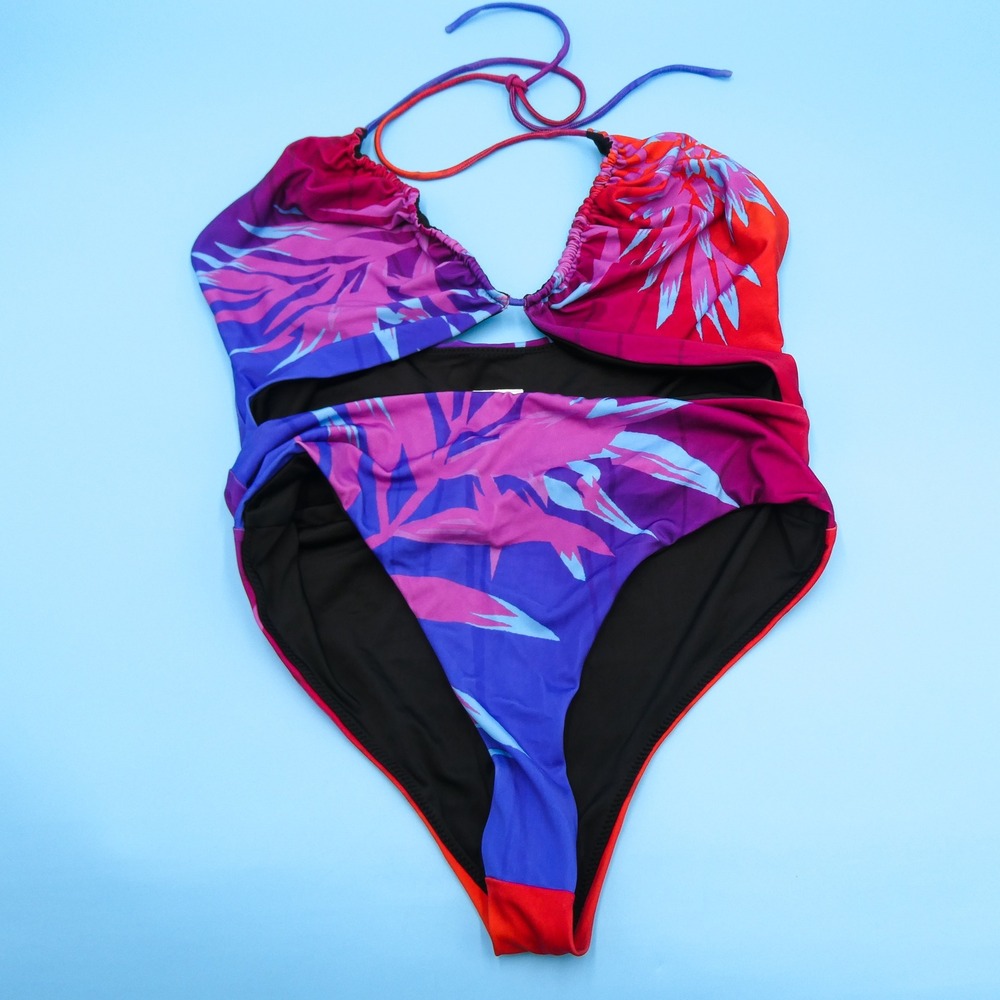 B Fyne Swimsuit Womens Extra Large Oamie Tropical Print Cutout Halter Polyester